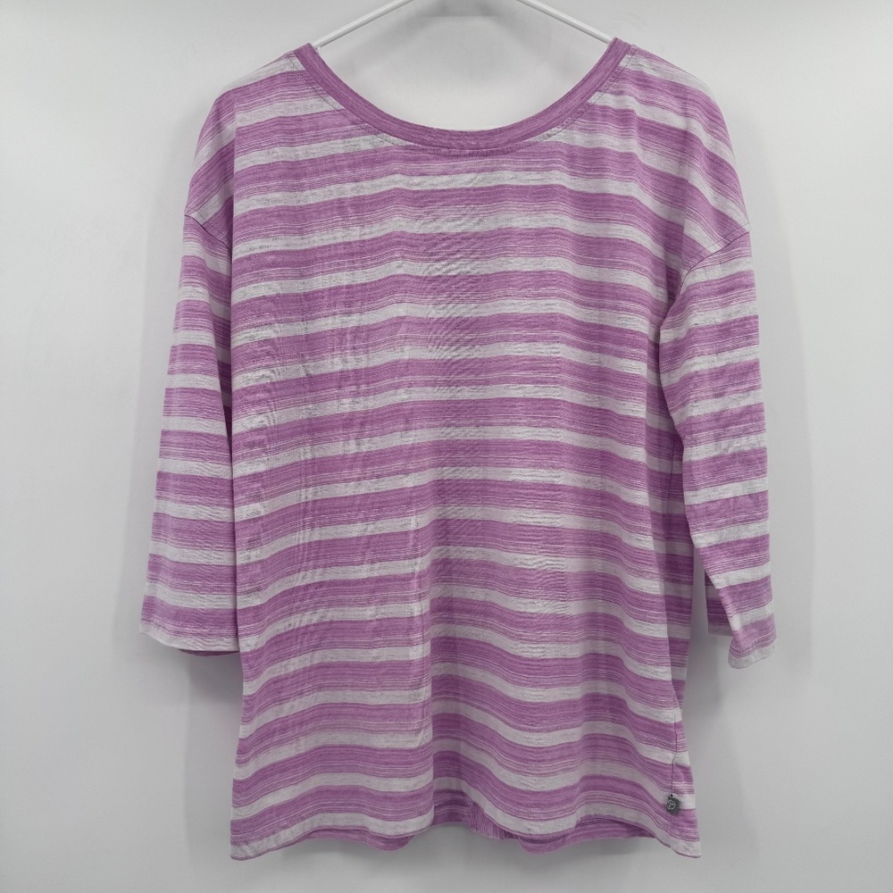T By Talbots Top Women Large Pink White Stripes 3/4 Sleeve Lightweight Tie Back